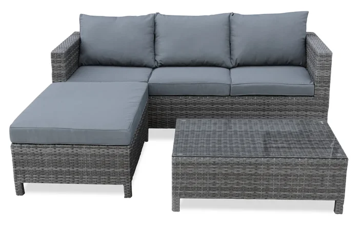 Athens 3-Piece Outdoor Patio Conversation Set with Sofa, Ottoman & Glass Top Coffee Table – Hand-Woven Resin Wicker, UV & Weather Resistant – Grey| Ensemble de conversation Athens 3 pièces pour la terrasse – Dark Grey | AT4G3SET