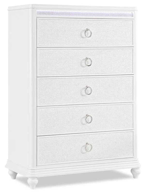 Ava Bedroom Chest of Drawers with LED Light, 5-Drawer, 40.5″W x 54.1″H, Glam – White | Commode verticale somptueuse Ava de 40,5 po (L) x 54,1 po (H) à 5 tiroirs avec éclairage à DEL pour la chambre à coucher – blanche