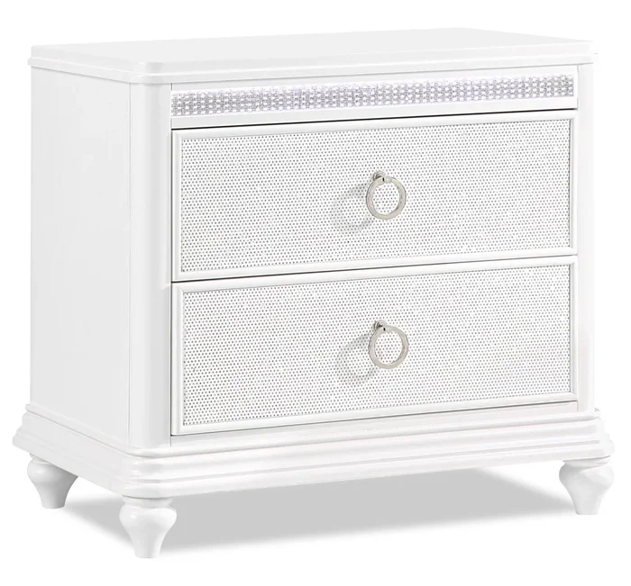 Ava Bedside 2-Drawer Nightstand with LED Light, 32.5″W x 28″H, Glam – White | Table de nuit somptueuse Ava de 32,5 po (L) x 28 po (H) à 2 tiroirs avec éclairage à DEL – blanche