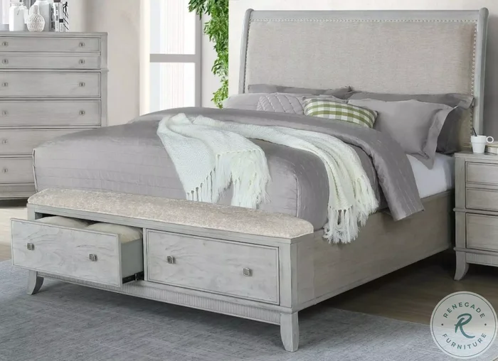 B0191A Brushed White Queen Upholstered Sleigh Storage Bed