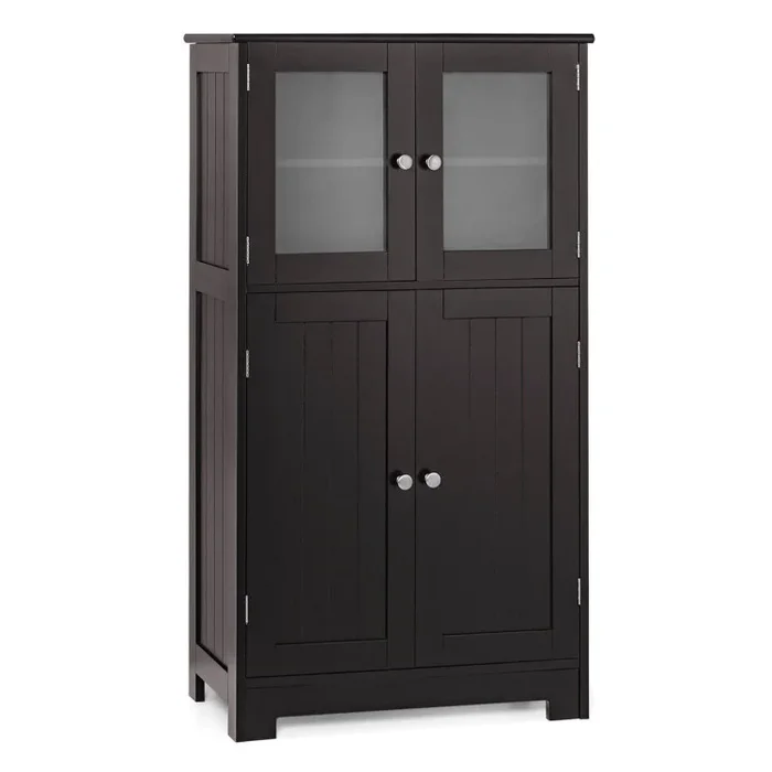 Bathroom Floor Storage Cabinet with Glass Doors and Adjustable Shelf