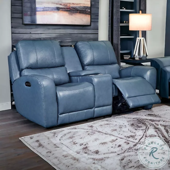 Bel Air Blue Leather Dual Power Reclining Console Loveseat