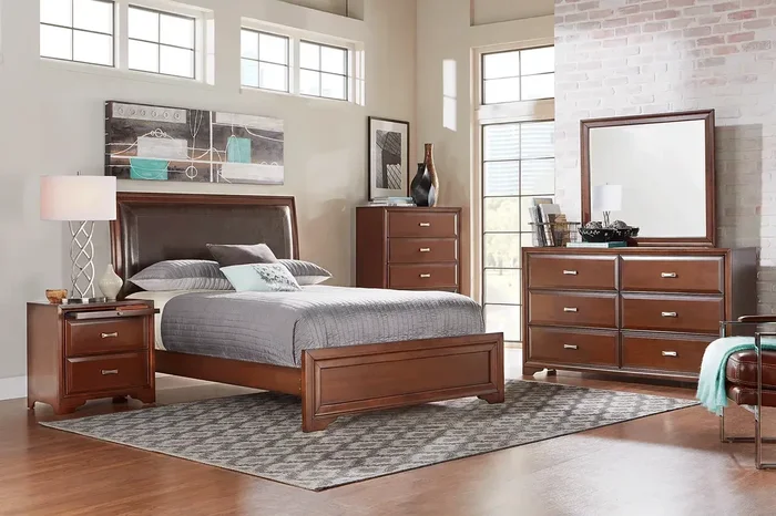 Belcourt Brown Cherry 5 Pc King Upholstered Sleigh Bedroom