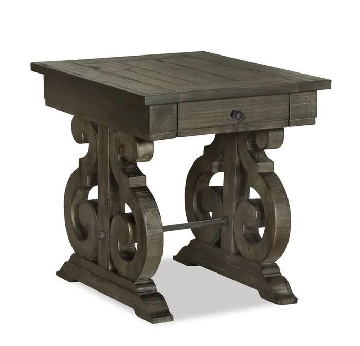 Bellamy 22″ Traditional End Table with Storage – Dark Brown Pine with Scroll Design Wood Base|Table de bout traditionnelle Bellamy de 22 po avec rangement – pin brun foncé avec base en bois à volutes