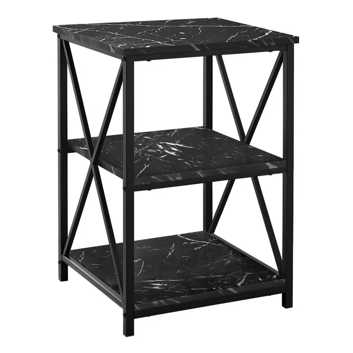 Black Marble-look Black Metal Side Table Nightstand Table|Table de nuit d’appoint métal noir et imitation de marbre noir|D90F06T7