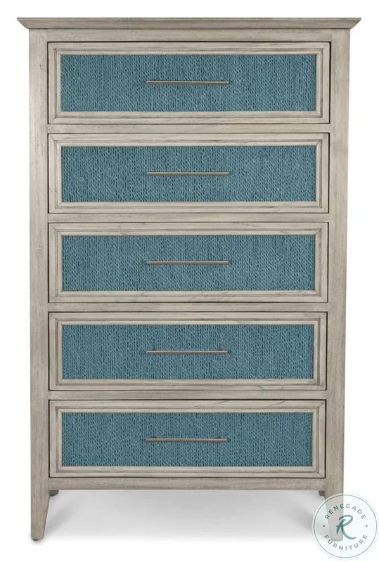 Blue Isles Ocean Blue and Aged Ivory 5 Drawer Woven Chest