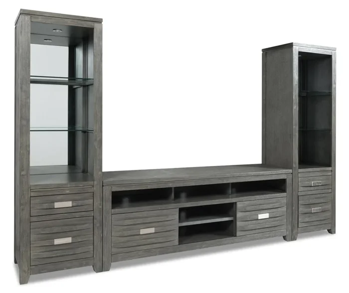 Bronx 104″ 3-Piece Wall Unit Entertainment Centre with Storage and Cable Management for TVs up to 65″- Grey|Meuble audio-vidéo mural Bronx 3 pièces de 104 po avec rangement et système de gestion des câbles pour téléviseurs jusqu’à 65 po – gris