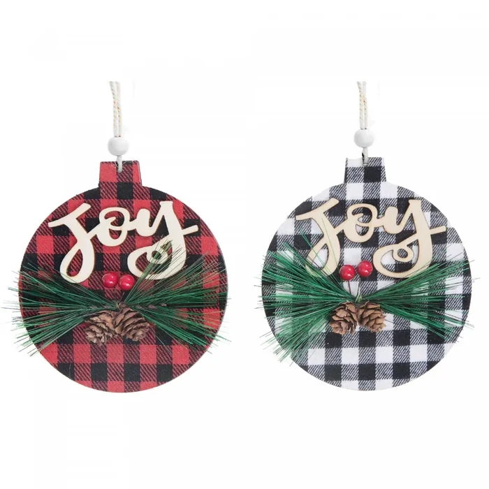 Buffalo Plaid Joy on Ball Wood Ornament – Set of 12 Christmas Ornaments|Ornement en bois « Joy » sur boule à point à carreaux – ensemble de 12 ornements de Noël