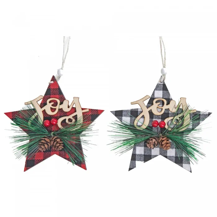 Buffalo Plaid Joy on Star Wood Ornament – Set of 12 Christmas Ornaments|Ornement en bois « Joy » sur étoile à point à carreaux – ensemble de 12 ornements de Noël