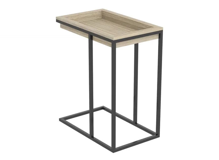 C-Shaped End Table With Sunkey Track – Brown Breech Wood With Black Metal | Table de bout en forme de C avec rainure encastrée – hêtre brun avec métal noir