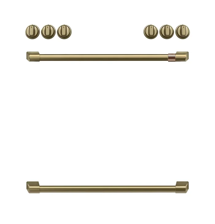 Café Brushed Brass Handle and Knob Kit for Range – CXFCEHKPMCG|Trousse de poignées et de boutons Café laiton brossé pour cuisinière – CXFCEHKPMCG