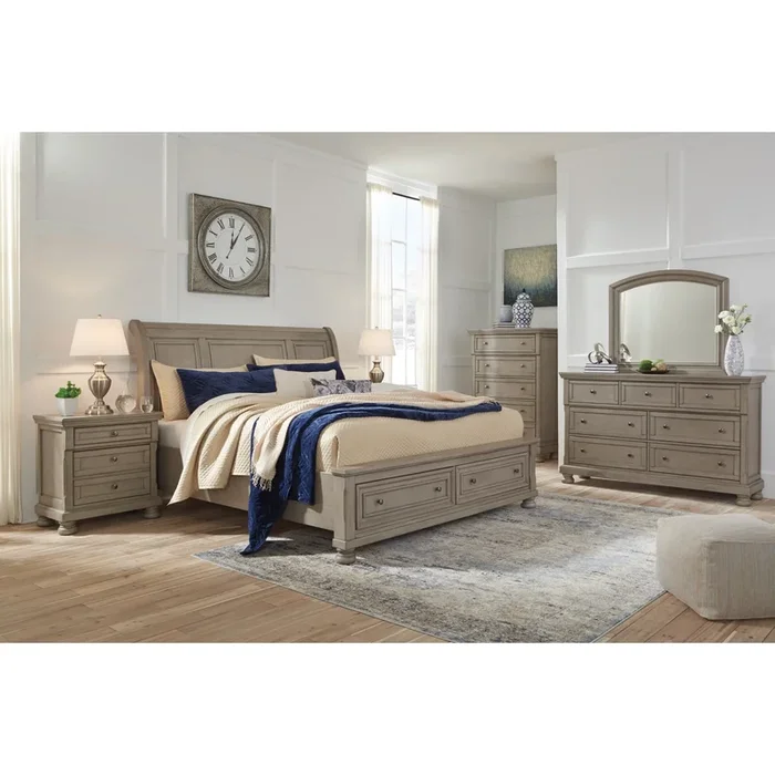 California King Sleigh Storage Bed, Dresser, Mirror, Chest and Nightstand