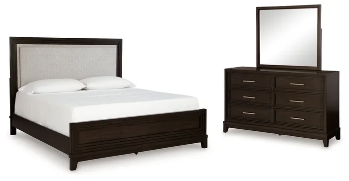 California King Upholstered Panel Bed, Dresser And Mirror