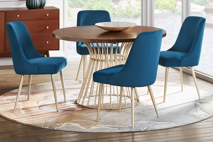 Calisi Brown 5 Pc Round Dining Room with Blue Chairs
