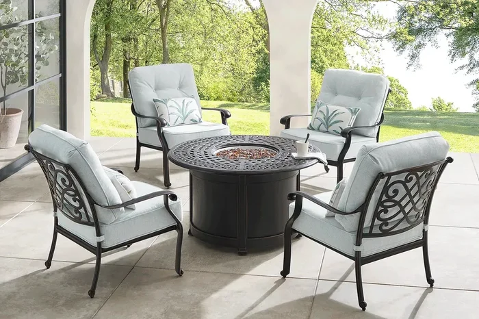 Carina Bronze 5 Pc Outdoor Fire Pit Seating Set with Sky Cushions
