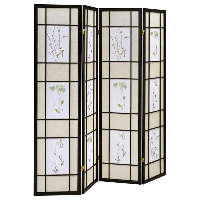 Catabella – 4-Panel Room Divider Folding Shoji Screen Floral – Black