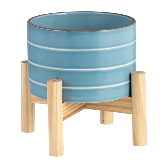 Ceramic 6″ Striped Planter with Wood Stand – Sky Blue|Cache-pot rayé de 6 po en céramique avec support en bois – bleu ciel