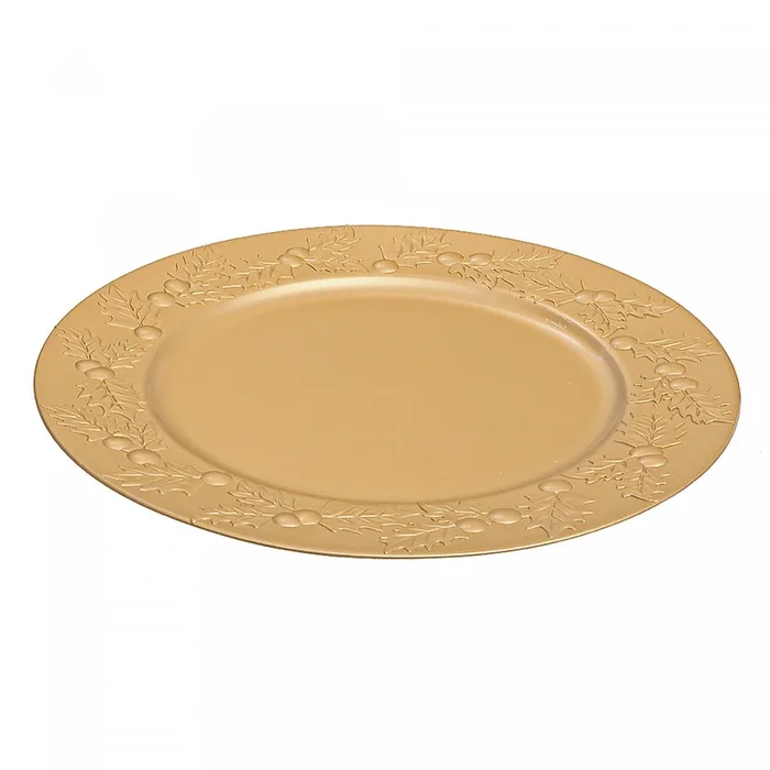 Charger Plate Holly berries Gold 13″ – Set of 6 Dinnerware|Assiette de présentation de 13 po dorée ornée de houx – ensemble de 6