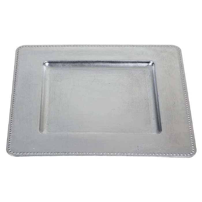 Charger Plate Square Beaded Silver 13 x 13 – Set of 2 Dinnerware|Assiette de présentation carrée de 13 po argentée bordée de perles – ensemble de 2