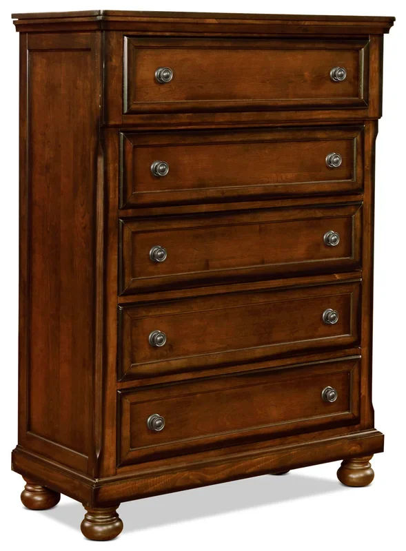 Chelsea Bedroom Chest of Drawers, 5-Drawer, 38″W x 52″H – Cherry Brown | Commode verticale Chelsea de 38 po (L) x 52 po (H) à 5 tiroirs pour la chambre à coucher – brun cerisier