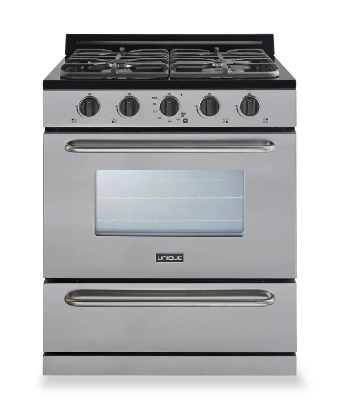 Classic Off-Grid by Unique 30″ 3.9 Cu. Ft. Propane Range with Battery Ignition – UGP-30G OF2 S/S | Cuisinière au gaz propane hors réseau classique Unique de 30 po et de 3,9 pi3 avec allumage à pile – UGP-30G OF2 S/S | UGP30GSS