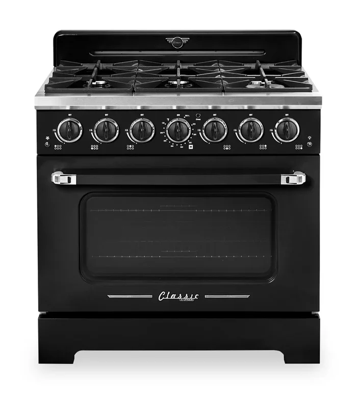 Classic Retro by Unique 36″ 5.2 Cu. Ft. 6-Burner Gas Range with Convection – Midnight Black – UGP-36CR B | Cuisinière à gaz Classic Rétro par Unique de 36 po et de 5,2 pi3 à 6 brûleurs avec convection – noir minuit – UGP-36CR B | UGP36CRB