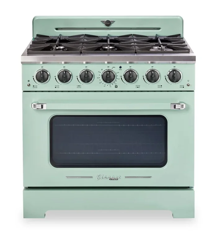 Classic Retro by Unique 36″ 5.2 Cu. Ft. 6-Burner Gas Range with Convection – Summer Mint Green – UGP-36CR LG | Cuisinière à gaz Classic Rétro par Unique de 36 po et de 5,2 pi3 à 6 brûleurs avec convection – vert menthe estival – UGP-36CR LG | UG36CRLG