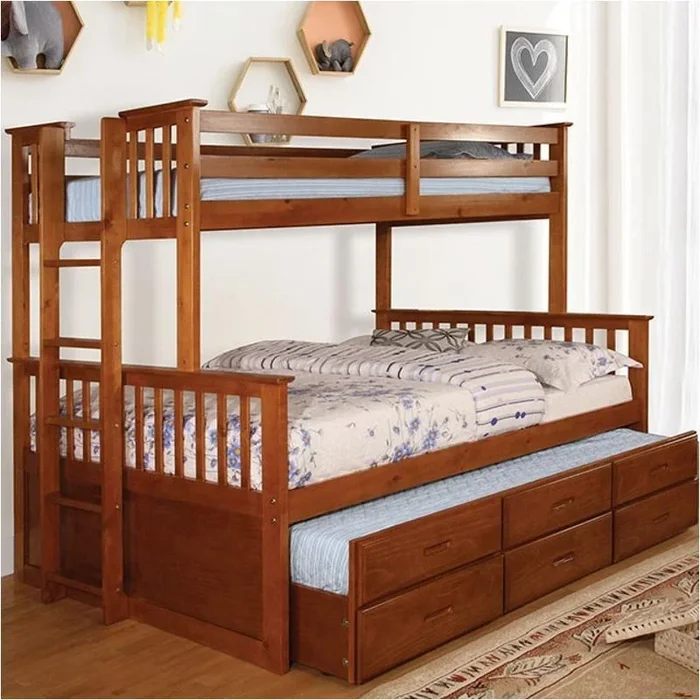 Cm-bk458f-oak+tr Furniture Of America University Twin/full Bunk Bed + Trundle