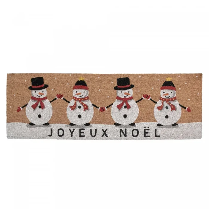 Coir Door Mat Quadruple Snowman – Joyeux Noel 16 x 48 Floormat|Paillasson en fibre de coco orné de quatre bonshommes de neige – « Joyeux Noël » 16 x 48