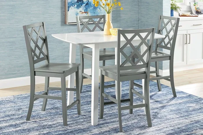 Concord White 5 Pc Counter Height Drop Leaf Dining Room with Gray Diamond Back Stools