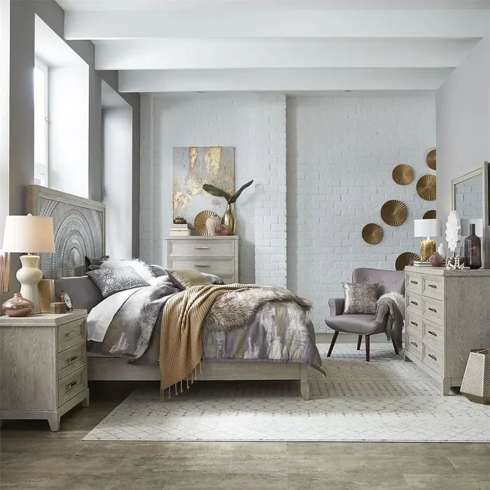Contemporary 5-Piece King Bedroom Set with Decorative Tile Design Headboard