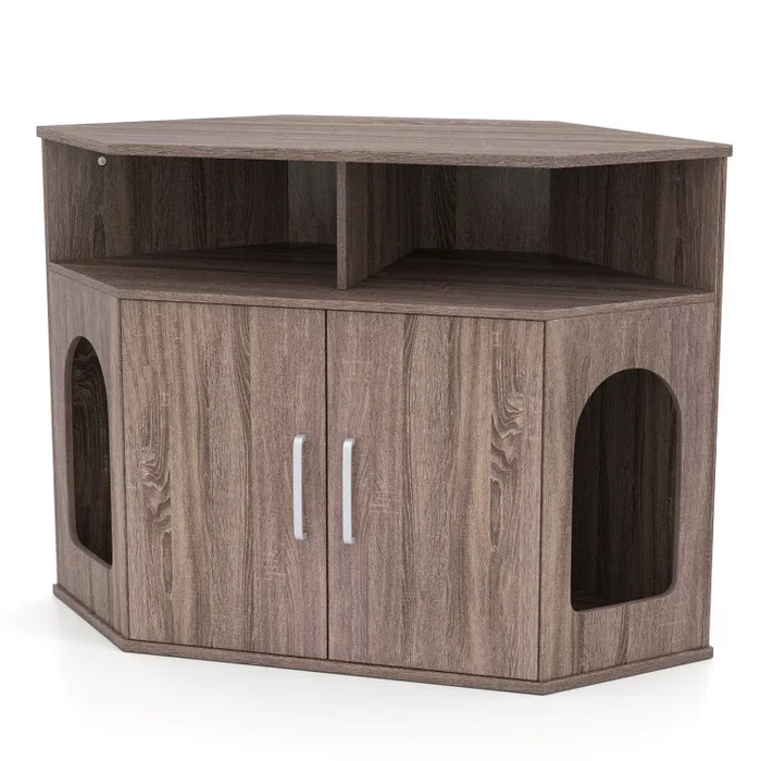 Corner Cat Litter Box Enclosure with Storage Shelves and Double Doors