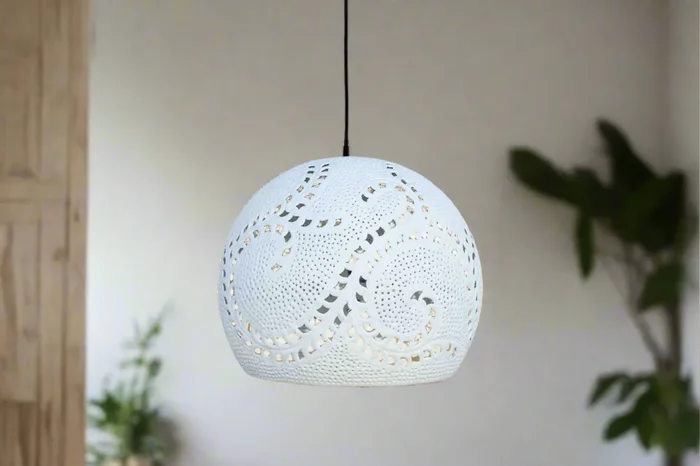 Custom Large White Filigree Lucknow Macrame Pendant Lantern (Trade)