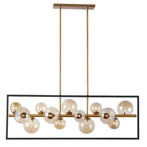 Dainolite Glasgow 13 Light Horizontal Pendant Square Frame Matte Black/Vintage Bronze Finish Champagne Glass Lamp|Luminaire suspendu horizontal Glasgow de Dainolite en verre champagne, avec cadre carré, fini noir mat et bronze rétro, et 13 ampoules