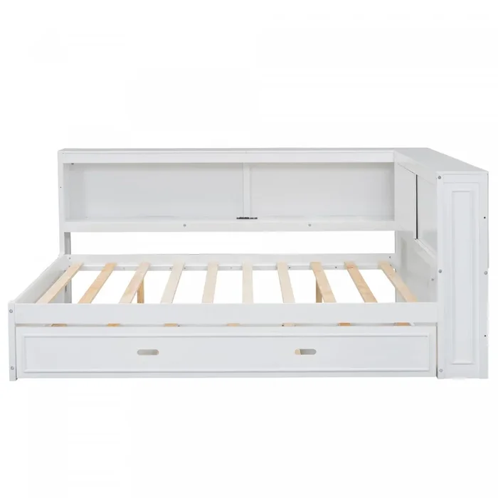 Diana Wood Full Daybed With Storage Shelves, Usb, Led – White | Diana – Lit De Jour Double En Bois Avec Etageres De Rangement, Ports Usb Et Eclairage Del – Blanc