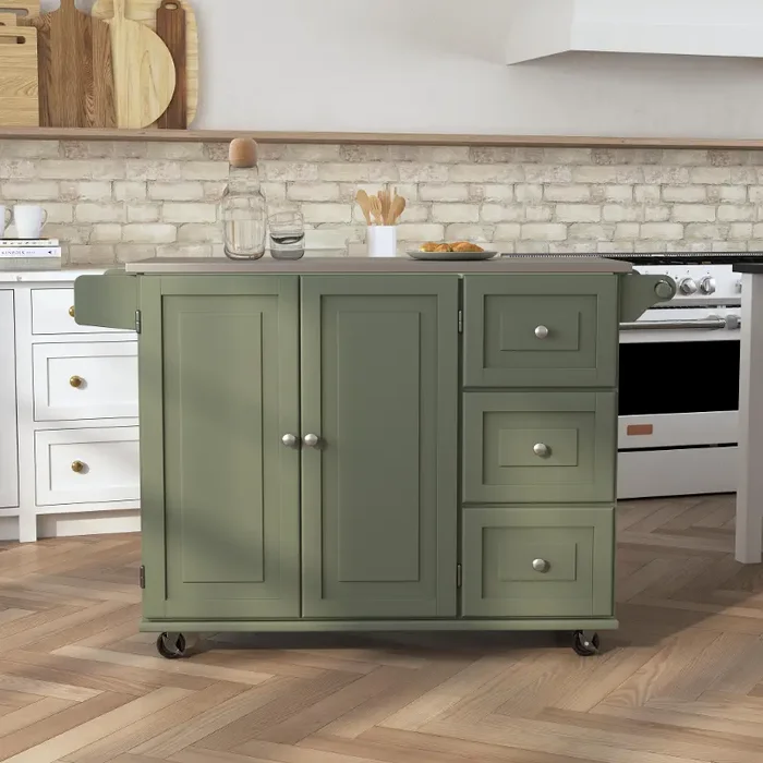 Dolly Madison Sage Kitchen Cart with Nickel Hardware