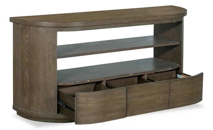 Eldon 60” Modern Round Solid Wood Sofa Table with Storage – Porpoise | Table de salon moderne ronde Eldon de 60 po en bois massif avec rangement – marsouin