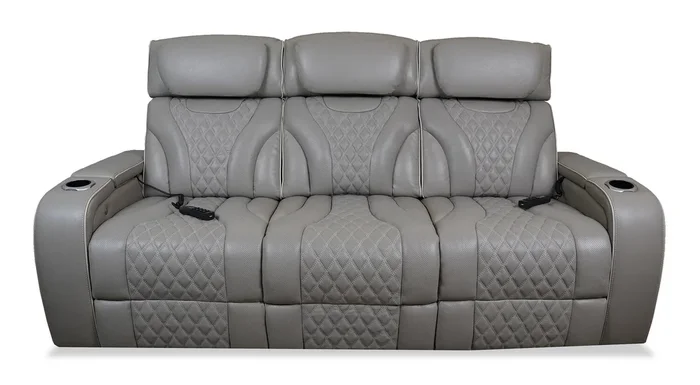 Elite 86″ Genuine Leather Massage Power Reclining Sofa with Immersive Audio and Power Headrests – Putty | Sofa de massage à inclinaison électrique Elite de 86 po en cuir véritable avec son immersif et appuie-têtes électriques – mastic