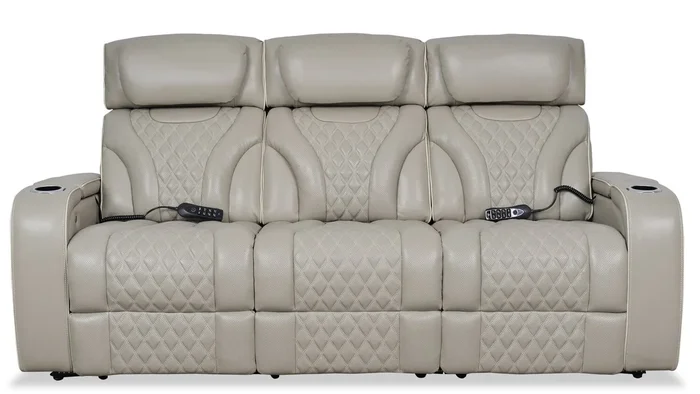 Elite 86″ Genuine Leather Massage Power Reclining Sofa with Power Headrests and Storage Arms – Grey | Sofa de massage à inclinaison électrique Elite de 86 po en cuir véritable avec appuie-têtes électriques et accoudoirs de rangement – gris