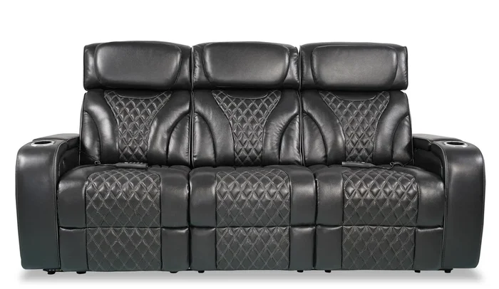 Elite 86″ Genuine Leather Massage Power Reclining Sofa with Power Headrests and Storage Arms – Black | Sofa de massage à inclinaison électrique Elite de 86 po en cuir véritable avec appuie-têtes électriques et accoudoirs de rangement – noir