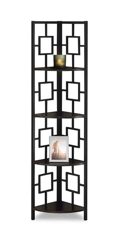 Espresso Black Metal Corner Etagere Bookcase|Bibliothèque étagère en coin espresso et métal noir|D90FOVMM