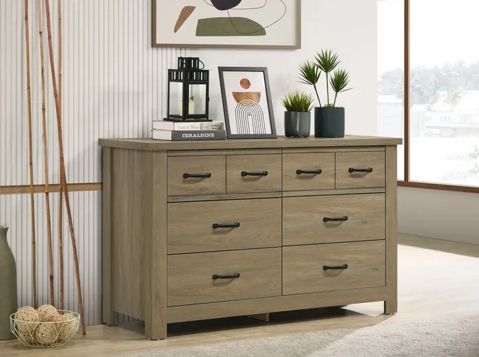 Finn – Oak Finish Dresser With 6 Drawers And Black Handles – Coffee Gray