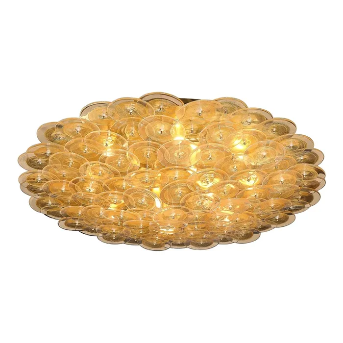 Flush Mount Murano Disc Chandelier in Gold and Clear Glass and Brushed Brass