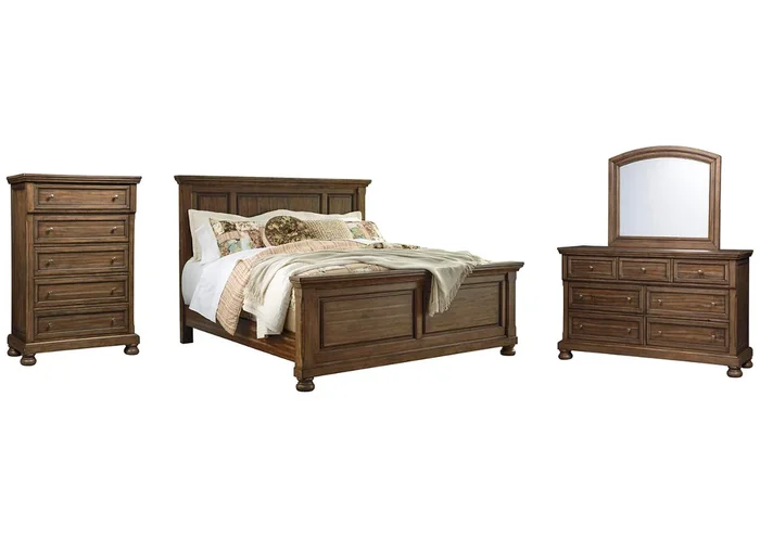 Flynnter Queen Panel Bed with Mirrored Dresser and Chest