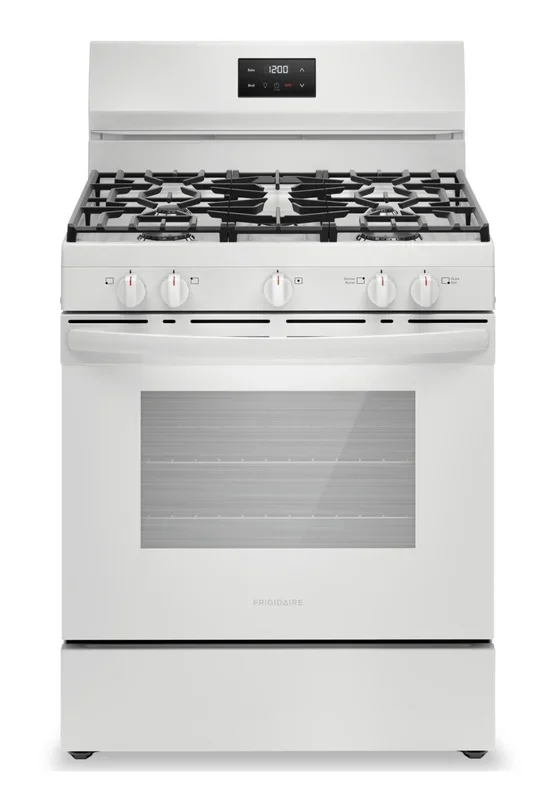 Frigidaire 5.1 Cu. Ft. Gas Range With Quick Boil and Five Burner Cooktop – White – FCRG3052BW | Cuisinière à gaz Frigidaire de 5,1 pi³ avec ébullition rapide et surface de cuisson à 5 brûleurs – b…