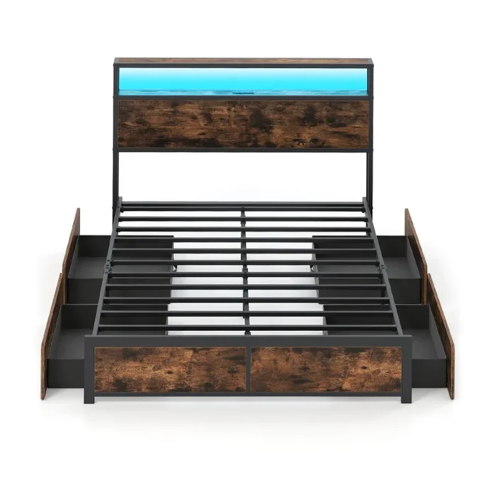 Full/Queen Size LED Bed Frame with Charging Station and 4 Storage Drawers