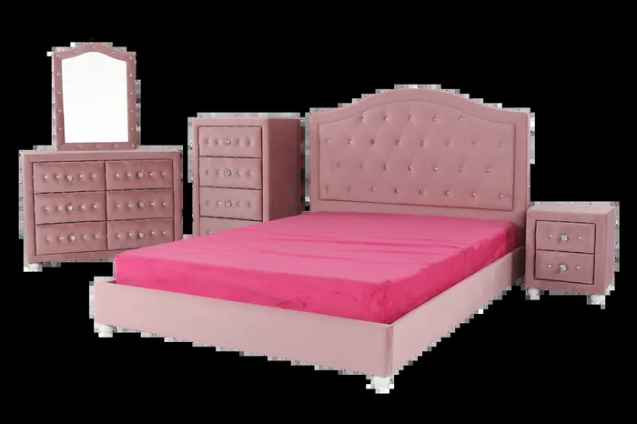 Glam Pink Velvet Bedroom Set with Tufted Headboard and Crystal Accents