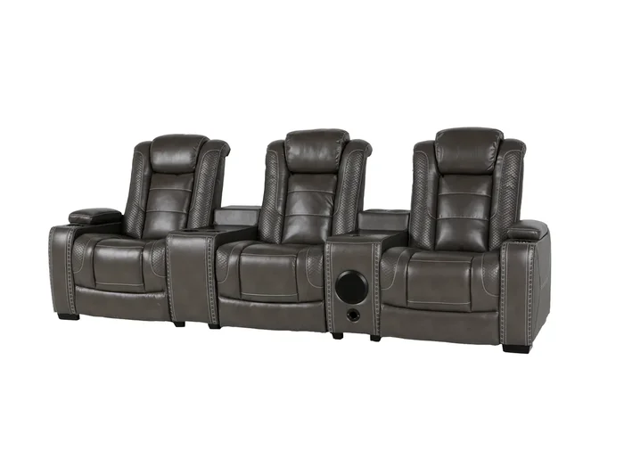 Gray Faux Leather 4-Seat Power Reclining Theater Seating with Consoles