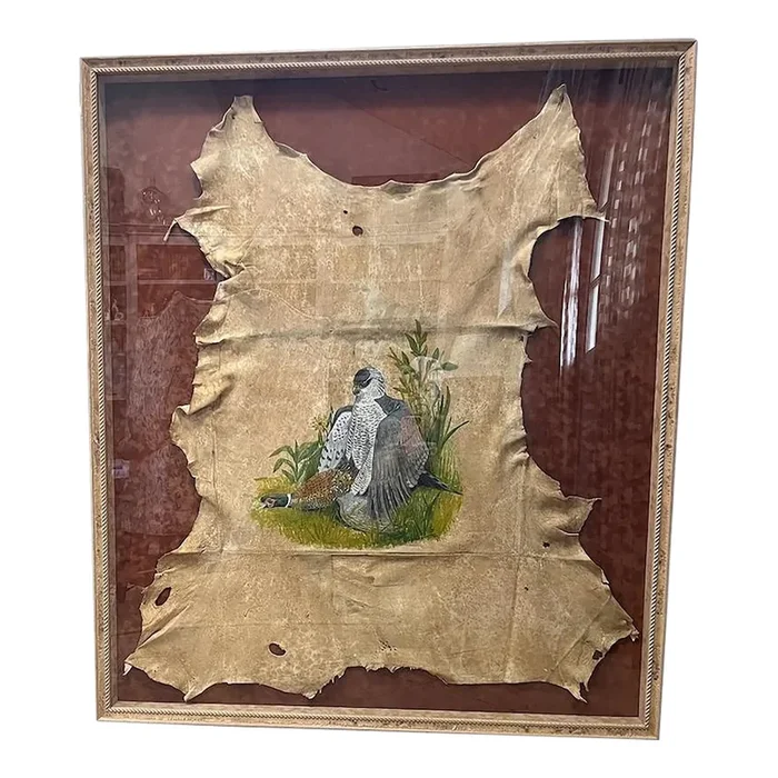 Hand Painted Picture on Suede of a Falcon and Pheasant, in Shadow Box Frame.