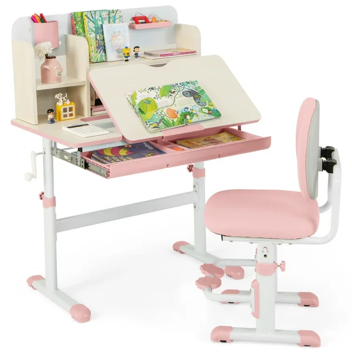 Height Adjustable Children School Home Study Table and Chair Set with Tilted Desktop for 3-12 Years Old